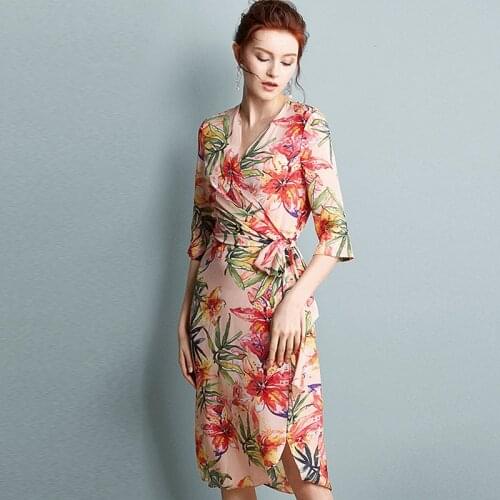 100% Silk Dress Women High Quality Print Irregular Decoration Design Deep V Neck Half Sleeves Slim Split Dress New Fashion