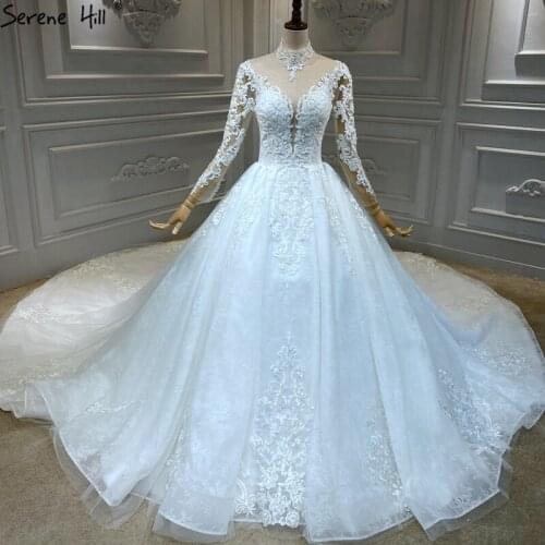 Serene Hill White Vintage O-Neck Wedding Dress 2020 Dubai Long Sleeves Beading Sequined Luxury Bridal Gown Custom Made CHA2356