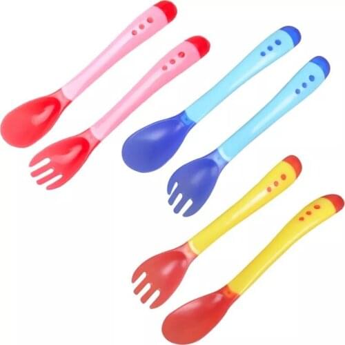 2pcs/set Infant Heat Sensing Thermal Feeding Spoon Baby Kids Weaning Silicone Head Tableware Set