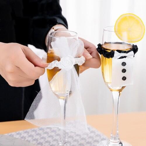 2PCS Cup Decor Bride And Groom Tux Bridal Veil DIY Wedding Decoration Champagne Glass Bottles Cover Party Supplies Accessories