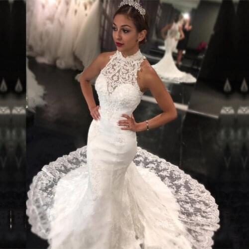 2019 High Neck White Wedding Dresses Sexy Sleeveless Mermaid Bridal Gowns Zipper Back Custom Made Dubai Africa Wedding Dress