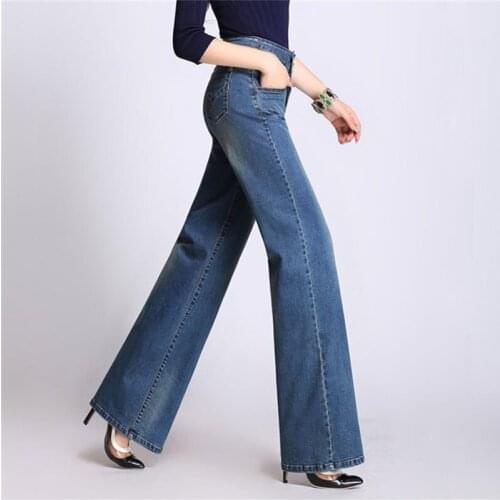 Free shipping 2019 womens autumn and winter new high waist wide leg jeans large size buckle wide leg pants