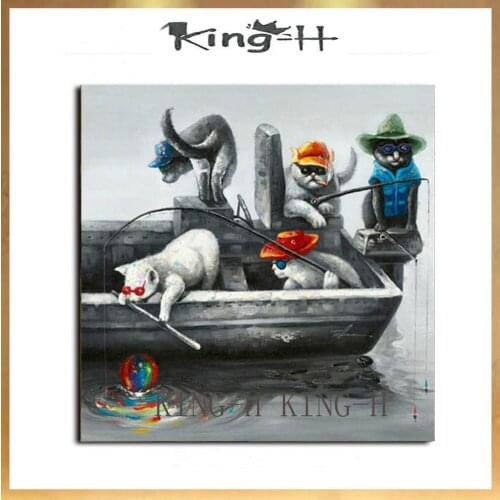 Frameless animals on the boat fishing dog eat ice cream hand-painted oil painting draft quality sofa decorate children room hall