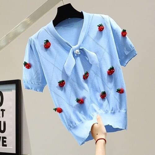 Beaded Bowknot Short Sleeve Thin Knitted T-shirt Women 2021 Summer Korean Style Slim-Fit Sweet Stereo Strawberry Tops Knitwear