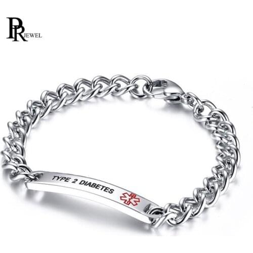 8.0" TYPE 2 DIABETES Stainless Steel Medical Alert Bracelet for Women / Men ID Jewelry Drop shipping