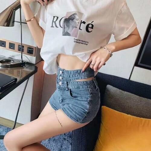 Denim shorts Internet celebrities cartoon Openwork double waist denim shorts female high waist hollow cut denim shorts F1522