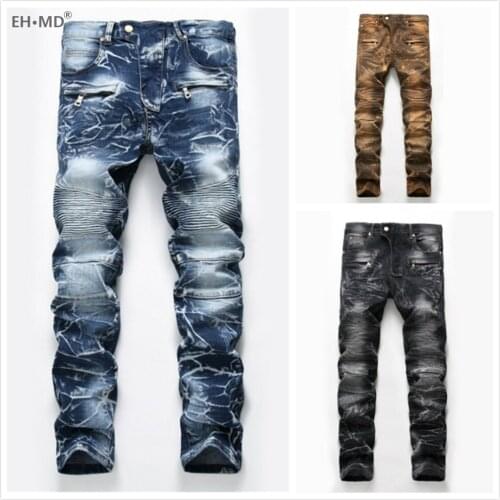 EH·MD® Zipper Pocket Jeans Male Bloodshot Decoration Stitching Striped Stretch Cloth 3D Crotch Slim Digital Printing New 2021