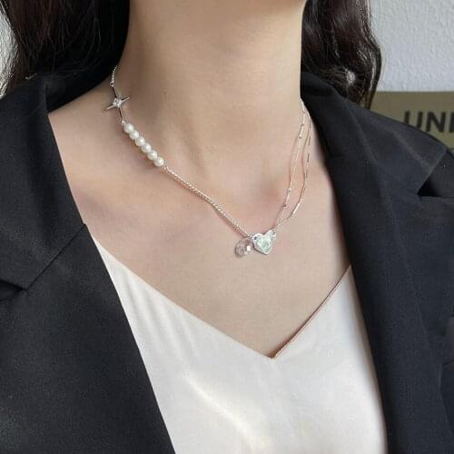 Korea 925 sterling silver irregular love mosaic asymmetric pearl zircon shining necklace Joker simple necklace