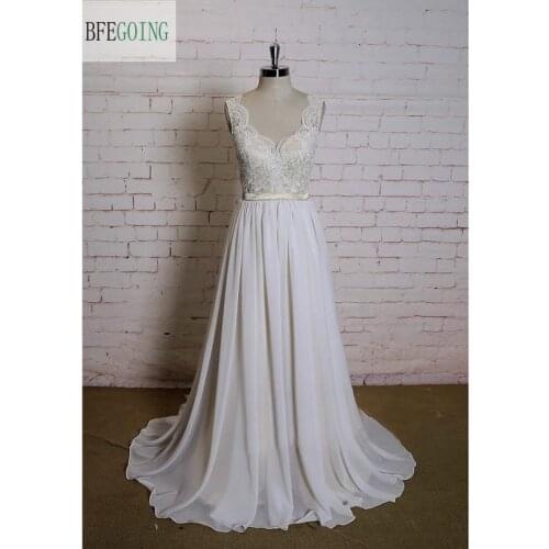 Ivory Lace Chiffon A-line Wedding Dress V-Neck Floor -Length Chapel Train Cap Sleeves Real/Original Photos Custom made