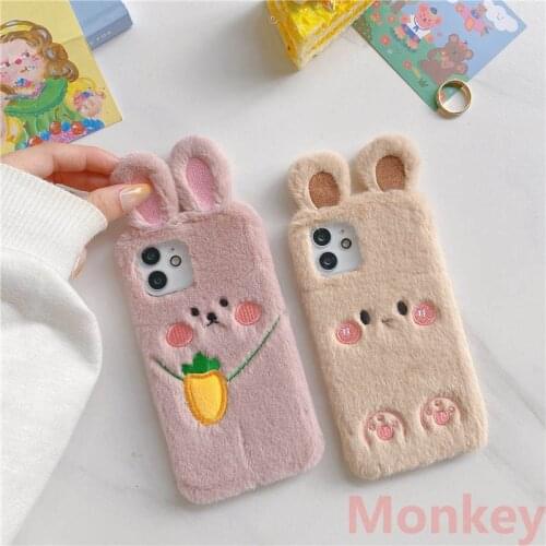 Cute Rabbit Ears Fur Plush Phone Case For OPPO Realme C25 C21 C15 C12 C11 C3 C2 8 7 6 5 3 Pro 7I X7 X2 XT TPU Soft Cases Carrot