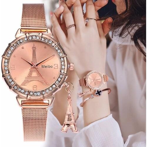 Fashion Women Rose Gold Eiffel Tower Pattern Watch Casual Ladies Stainless Steel Tower Pendant Quartz Watch Relogio Feminino