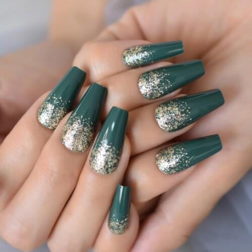 Gold Glitter Press On False Nails Dark Green Fake Nails Full Cover Coffin Ballerina Medium Length Acrylic Nails Tips Finger Care