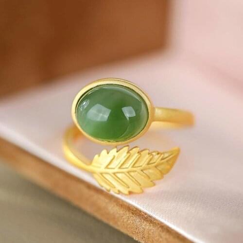Natural Hetian jasper egg noodle leaf opening ring Chinese style retro unique ancient gold craft charm womens brand jewelry