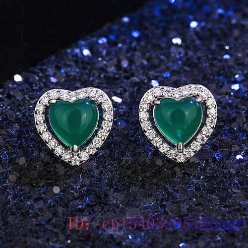 Jade Heart Ear studs Amulet Women Fashion Gifts Earring Chalcedony Natural Jewelry 925 Silver Green