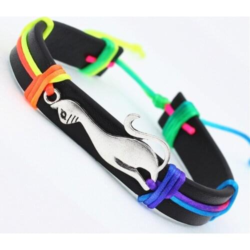 Antique Cute Cat Charms PU Leather Bracelets Lovely Animal handmade Braid colorful Jewelry kids Gifts for drop shipping