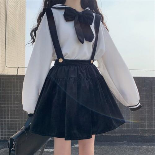 OLOMLB Kawaii Sailor Collar Bow Preppy Style Long Sleeve Shirt Womens +Soft Sweet Japanese Style Black Velvet Strap Dress