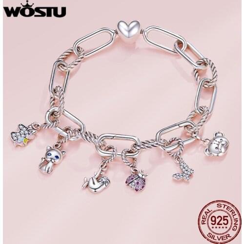 Wostu 925 Sterling Silver MINI Pendant Butterfly Cat Sloth Ladybug Animal Charm Pony Bead fit Original Bracelet Accessories