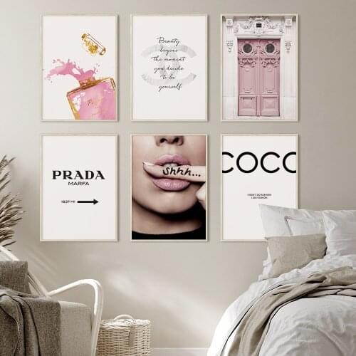 Pink Fashion Perfume Door Shhh Poster Prints Wall Art Canvas Paintings Quotes Decorative Pictures for Bedroom Girl Room Decor