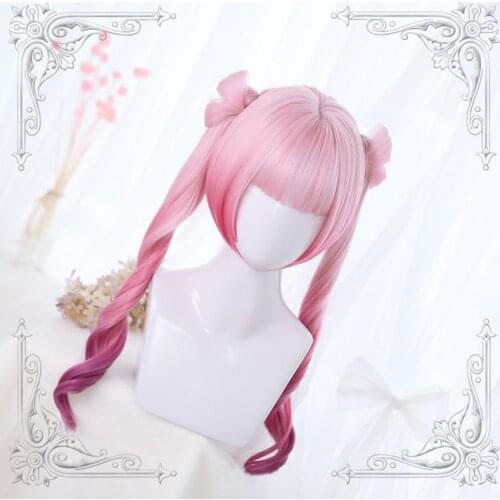 High Quality Lolita Pink Gradual Change Female Wig Tiger Mouth Clip Double Ponytail Long Curly Hair Cosplay Party