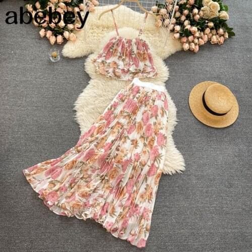 Women Summer Print Beach Korean Fashion Suits Sexy Off Shoulder Strap Short Tops+High Waist Long Skirt Two Piece Suits