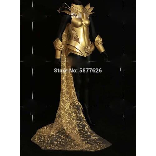 Women party gogo golden armor costume future show stage dance clothes men horn armor pink technology bodysuit