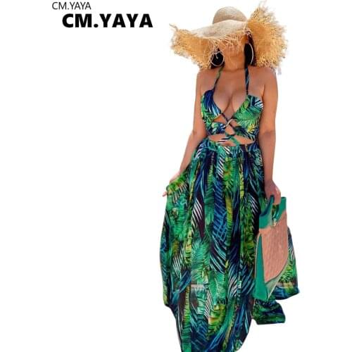 2020 Women Summer Leaf Print Lace Up Hollow Out Sexy Sleeveless Maxi Dress Sleeveless High Split Open Back Long Dresses