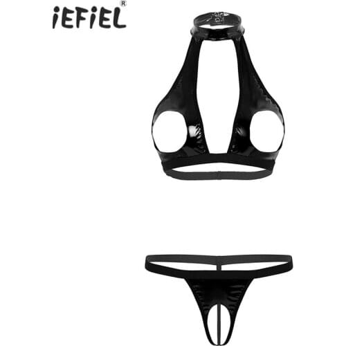 Women Hot Wet Look Faux Leather Bikini Underwear Sexy Erotic Lingerie Set Clubwear Halter Neck Hollow Out Bust Bra with G-string