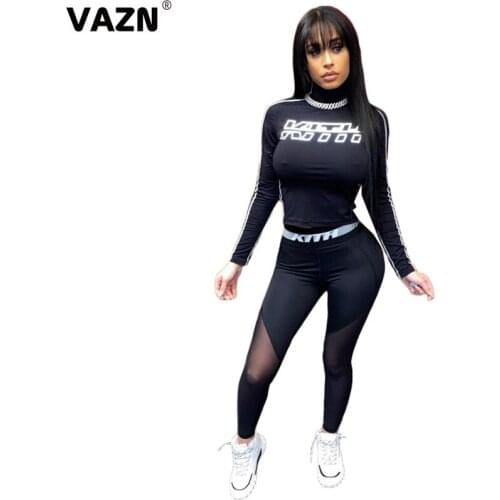 VAZN 2020 Top Quality Sexy Soft Elastic Young Tracksuits Letter Turtleneck Full Sleeve Group Long Pants Slim Women 2 Piece Set