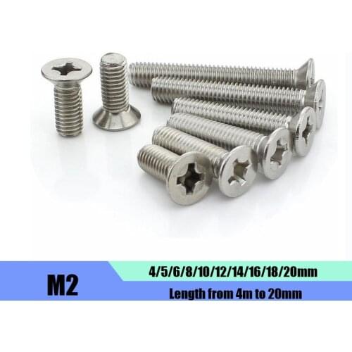 DasHex 100PCS M2 Length 4mm-20mm Flat Head Countersunk Head Screws 304 Stainless Steel