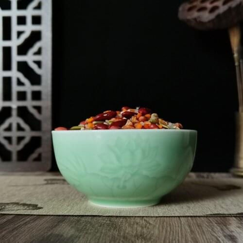 Chinese Cereal Bowl Porcelain Rice Bowl for Salad Intaglio with Lotus Celadons Dinnerware Ceramic Microwave and Dishwasher Safe