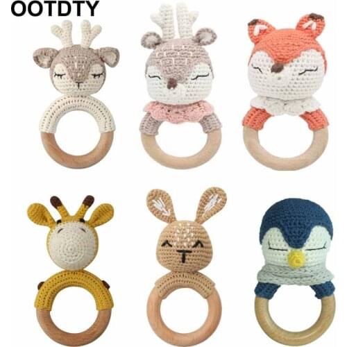 Newborn Baby Toys Wooden Teether Crochet Pattern Rattle Deer Fox Rattle Toy Newborn Amigurumi Teether Baby Rattles Gift