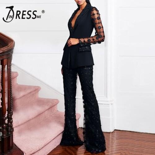 INDRESSME Elegant 2019 New Fashion Women Suits 2 Piece Suit Sets V Neck Mesh Sequined Full Sleeve Blazer Boot-Cut Pantsuits