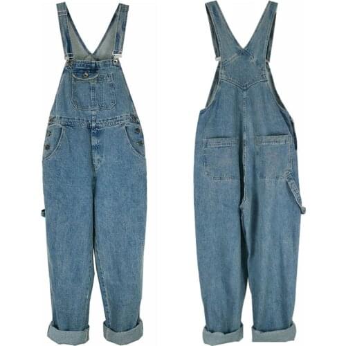 Large Size 30 - 46 Retro Overalls Bib Men Jeans Denim Jumpsuits Workwear Big Pocket Loose Straight Coverall Pants Blue Trousers