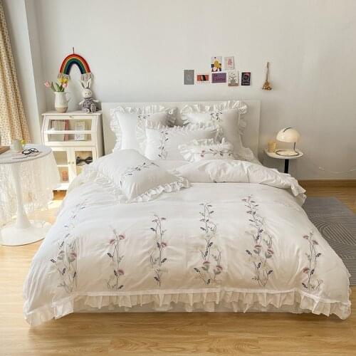 Chic Floral Embroidery White Duvet Cover set with Ruffle Ultra Soft 100%Cotton Bedding set Bedskirt Pillowcases Twin Queen King