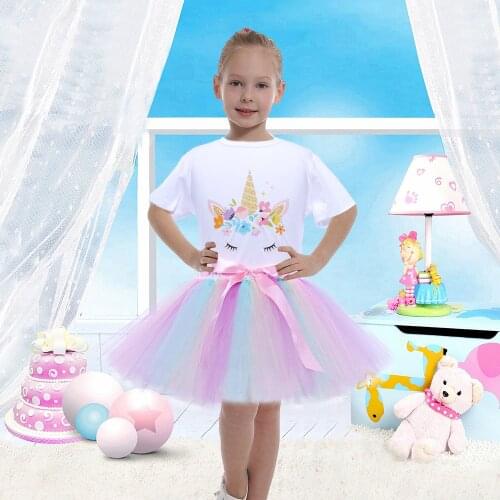 2pc Girls Unicorn Tutu Costume Handmade Girls Tulle Skirt Birthday Kids Party Dresses Halloween Christmas Baby Dress Up Clothes