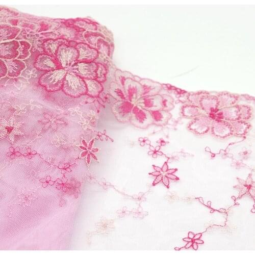 1 Meter 21 CM Wide Flowers Embroidered Lace Trim Pink Soft Mesh Fabric For Lingerie Underwear Curtains Bra Dress Decor Handmade