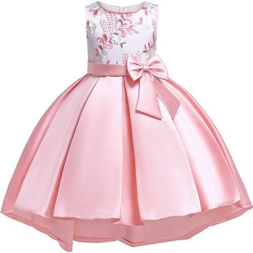2020 Summer Flower Satin Kids Dresses For Girls Childrens Clothing Party And Wedding Dress Baby Girl Bow Princess Dress 3-10Y