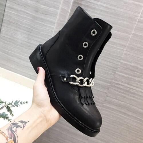Fashion round toe chains decor women boots soft leather ankle boots
