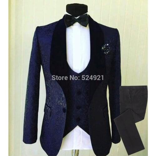 Men Suits Black and Navy Blue Pattern Groom Tuxedos Shawl Velvet Lapel Groomsmen Wedding Best Man ( Jacket+Pants+Vest+Tie )C704
