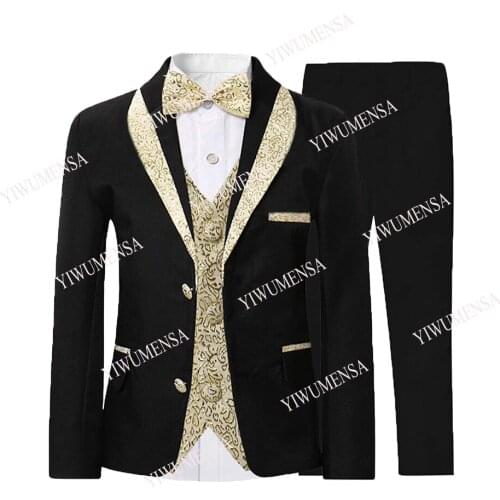 YIWUMENSA Classic Gold Peaked Lapel Black Children/Men Tailor-Made Suits Set For Wedding Slim Fit Printed Party Blazers Tuxedos