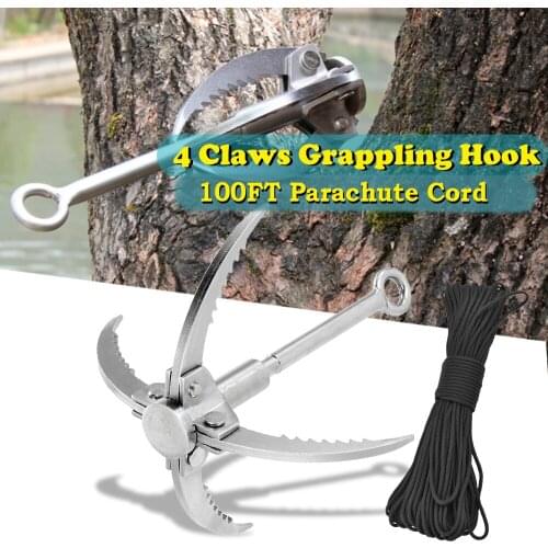 Outdoor Climbing Grappling Hook Foldable 4 Claws Steel Hook with 100FT Parachute Cord 9 Strand Camping Guyline