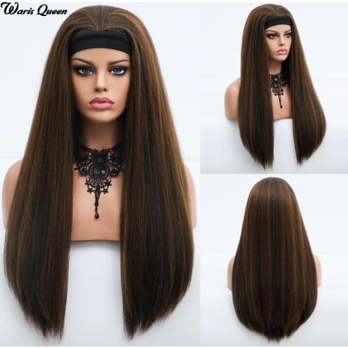 Brown Ombre Long Womens Headband Straight Heat Resistant Synthetic Wig For Black Women With Band Natural Fake Hair Wigs