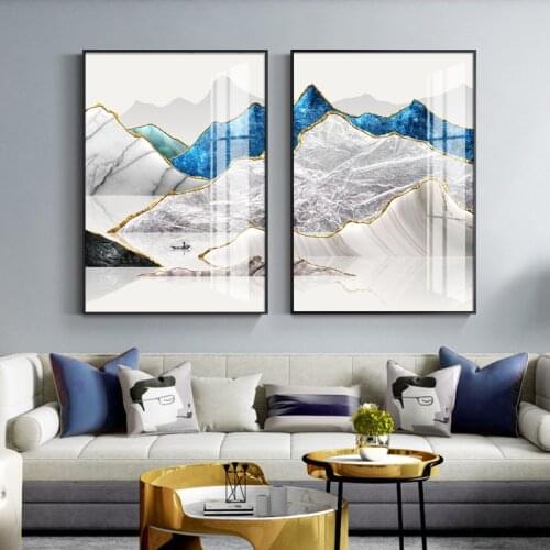 Golden line landscape mountain water Chinese style modern decorative Picture Canvas Wall Art Poster for office room hotel decor
