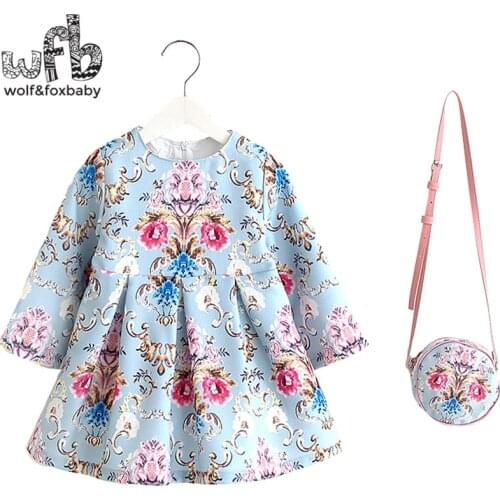 2-8years Dress+Bag/set Linen print dress for Baby Girl Summer Spring Fall Long-Sleeve Princess Blue backgroud palace style