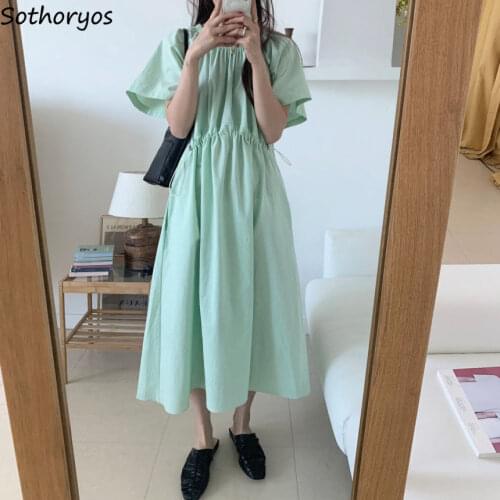 Solid Dress Women Tunic Drawstring Loose Leisure O-neck Pockets Fresh Basic All-match Temperament Females 2021 Newest Chic Lady