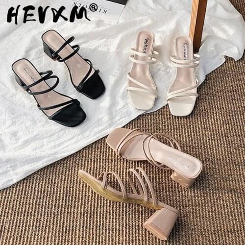 Women Square Heels Sandals Ladies Elegant Summer Slippers Outside Cross Tied Leather Female Slides 2021 Fashion Woman Sandals