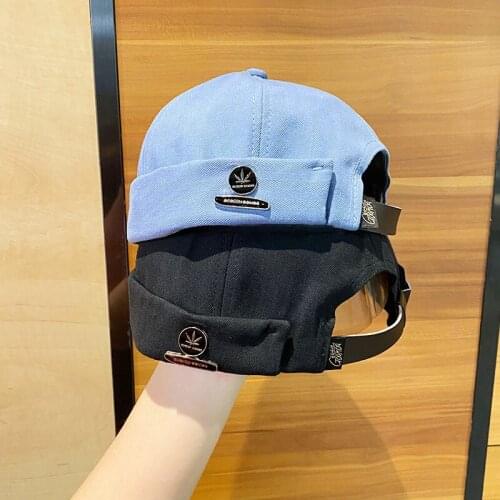 Mens Japanese Melon Leather Hat Summer Thin Metal Label Retro Hip Hop Beanie Hat Korean Youth Street Fashion Landlord Hat