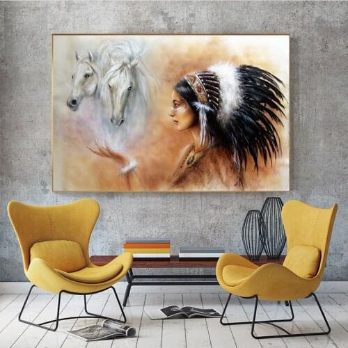 Nordic Canvas Art Oil Paintings Beautiful Indian Woman with Horses Vintage Poster Prints for Bedroom Living Room Home Decoration