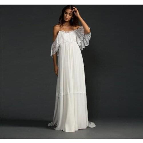 Greek Style Boho Bohemian Wedding Dresses Spaghetti Straps A Line White Lace and Chiffon Beach Wedding Gowns 2020 Bride Dresses