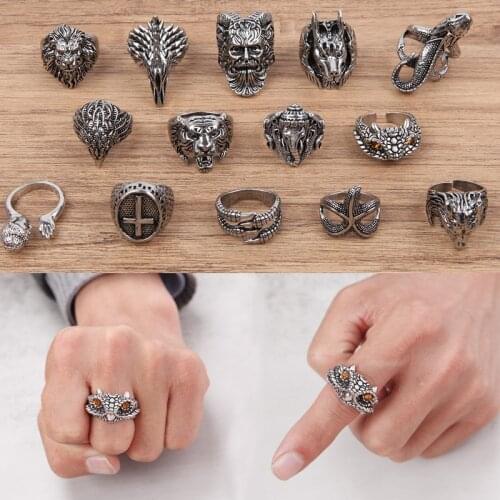 Vintage Punk Skull Animal Ring For Men Stainless Steel Steampunk Retro Cross Stainless Steel Rings Gothic Male Jewelry Hip Hop